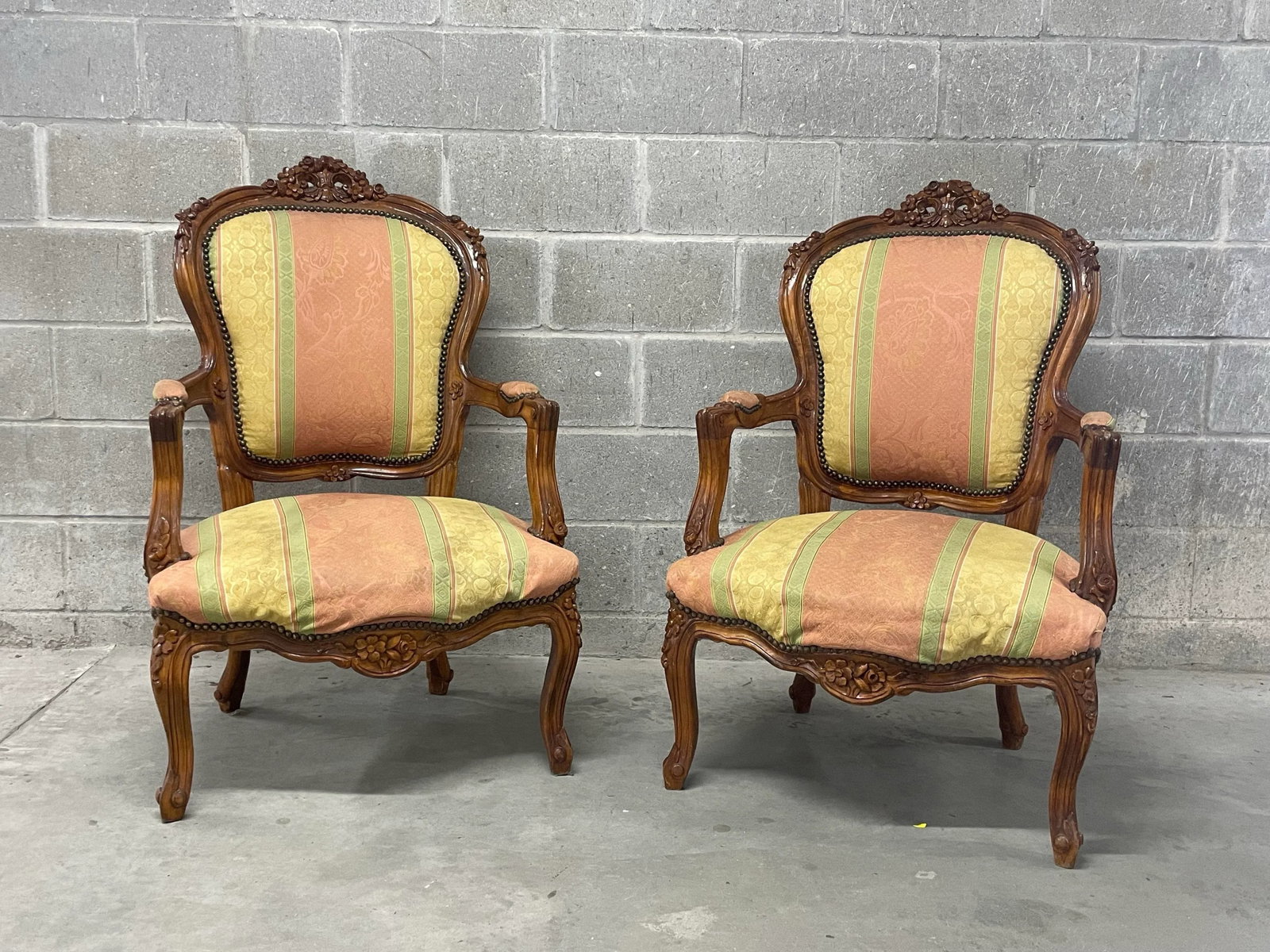 Pair of Louis XV Style Carved & Upholstered Armchairs - 2
