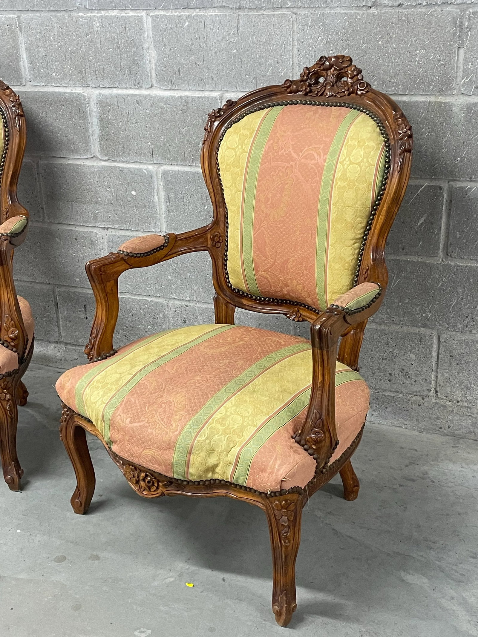 Pair of Louis XV Style Carved & Upholstered Armchairs - 3