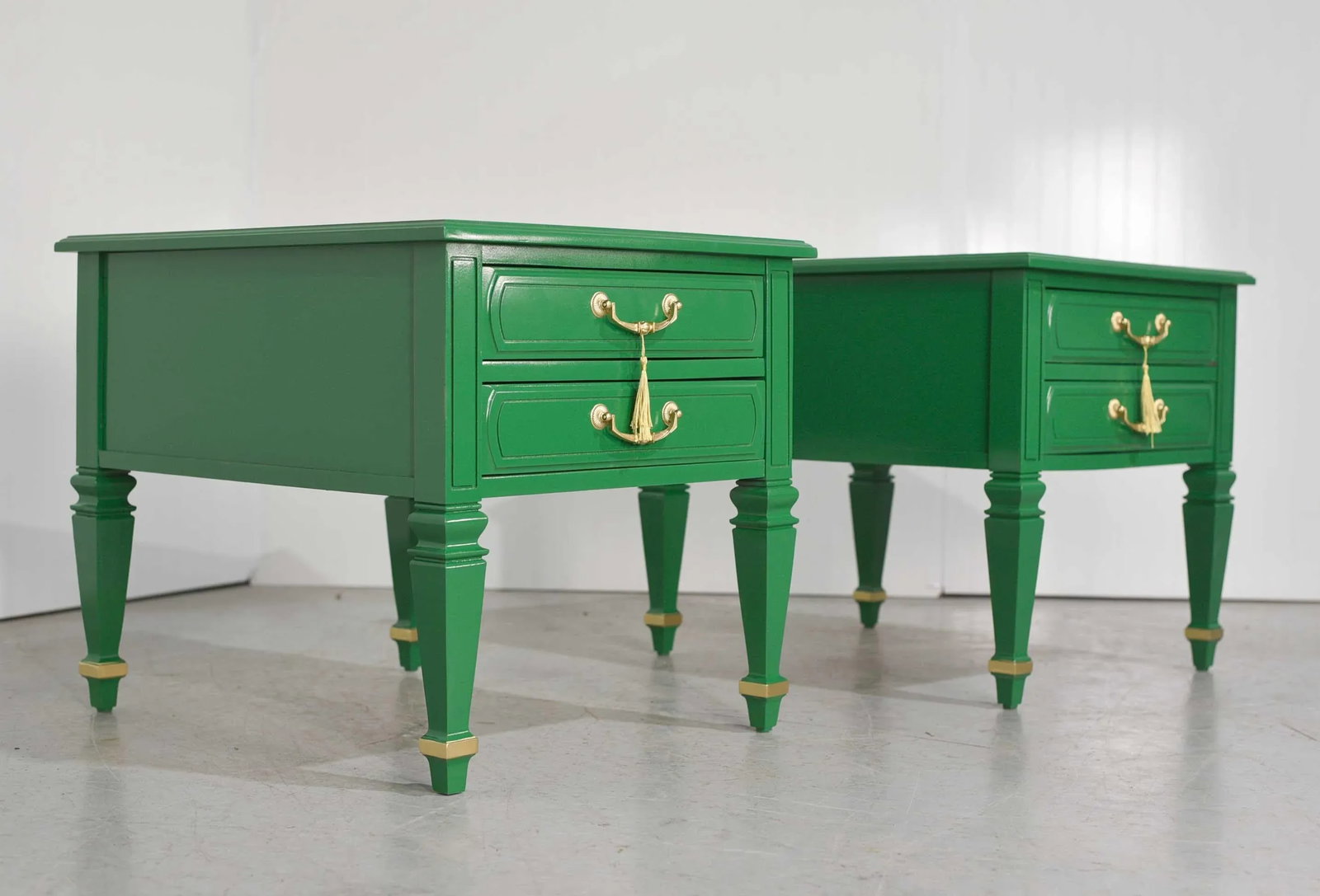 Mid Century Transitional Pair of Nightstands in Green With Gold Accents - Newly Painted - 2