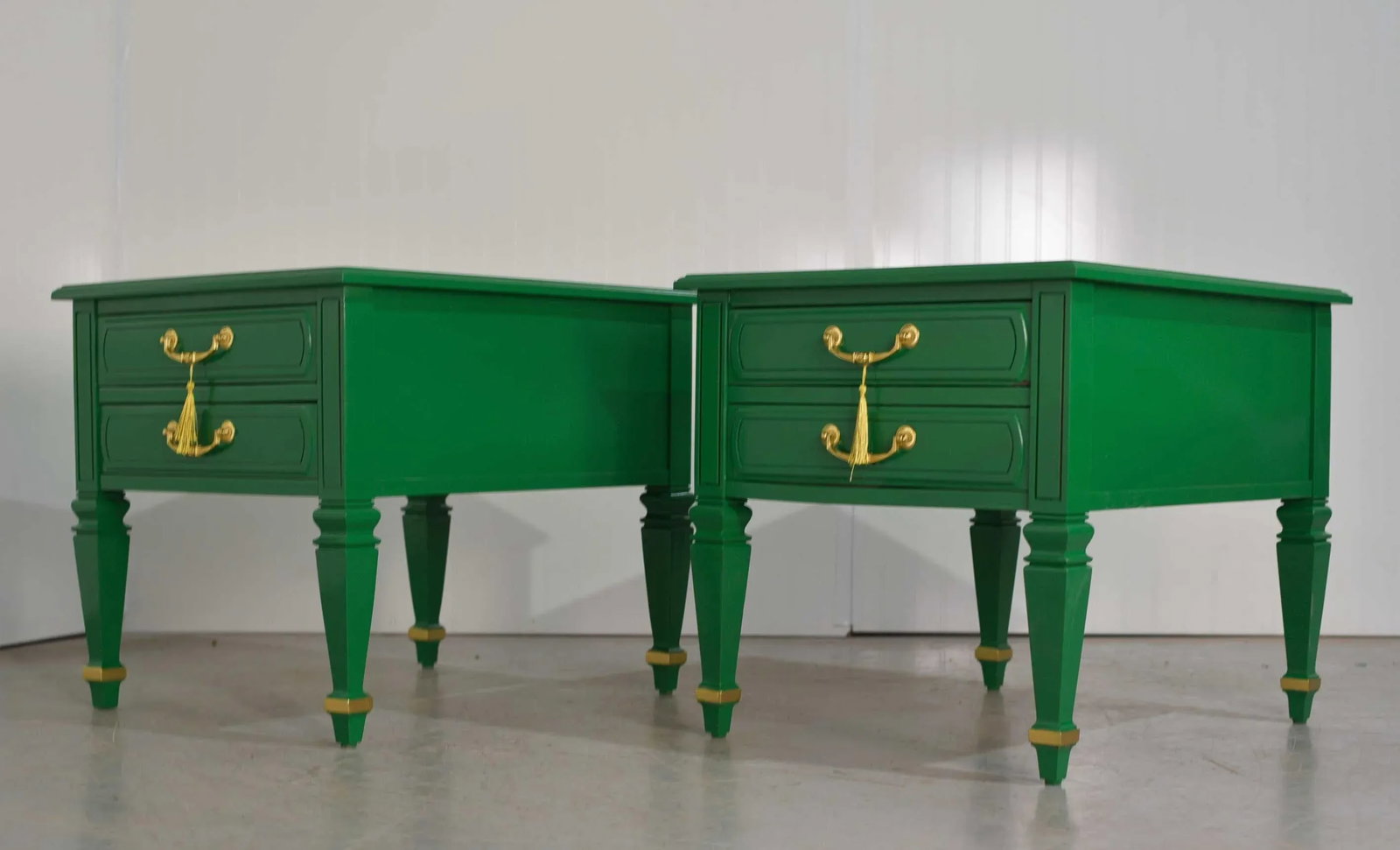 Mid Century Transitional Pair of Nightstands in Green With Gold Accents - Newly Painted - 3