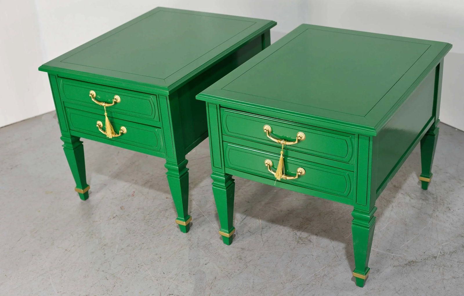 Mid Century Transitional Pair of Nightstands in Green With Gold Accents - Newly Painted - 4
