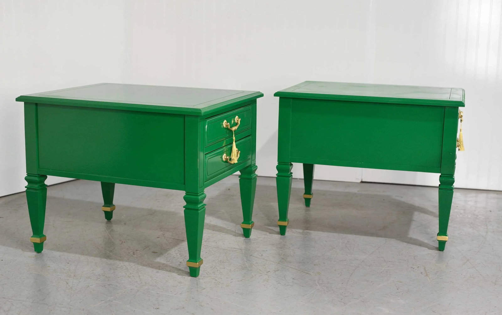 Mid Century Transitional Pair of Nightstands in Green With Gold Accents - Newly Painted - 5