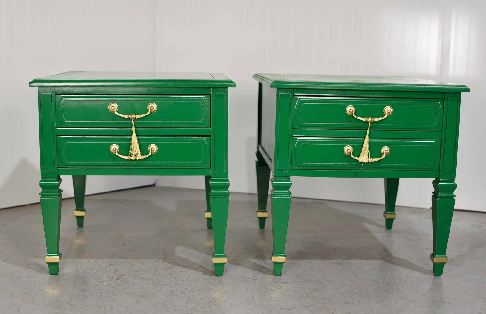 Mid Century Transitional Pair of Nightstands in Green With Gold Accents - Newly Painted - 6
