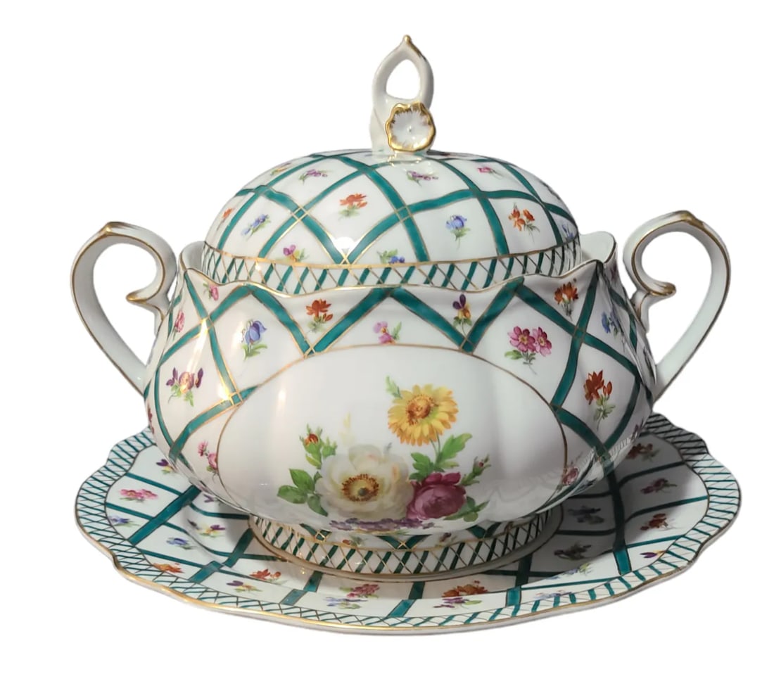 Vintage Hand Painted Floral Gilded "Royal Europe" Soup Tureen & Under Plate - 2