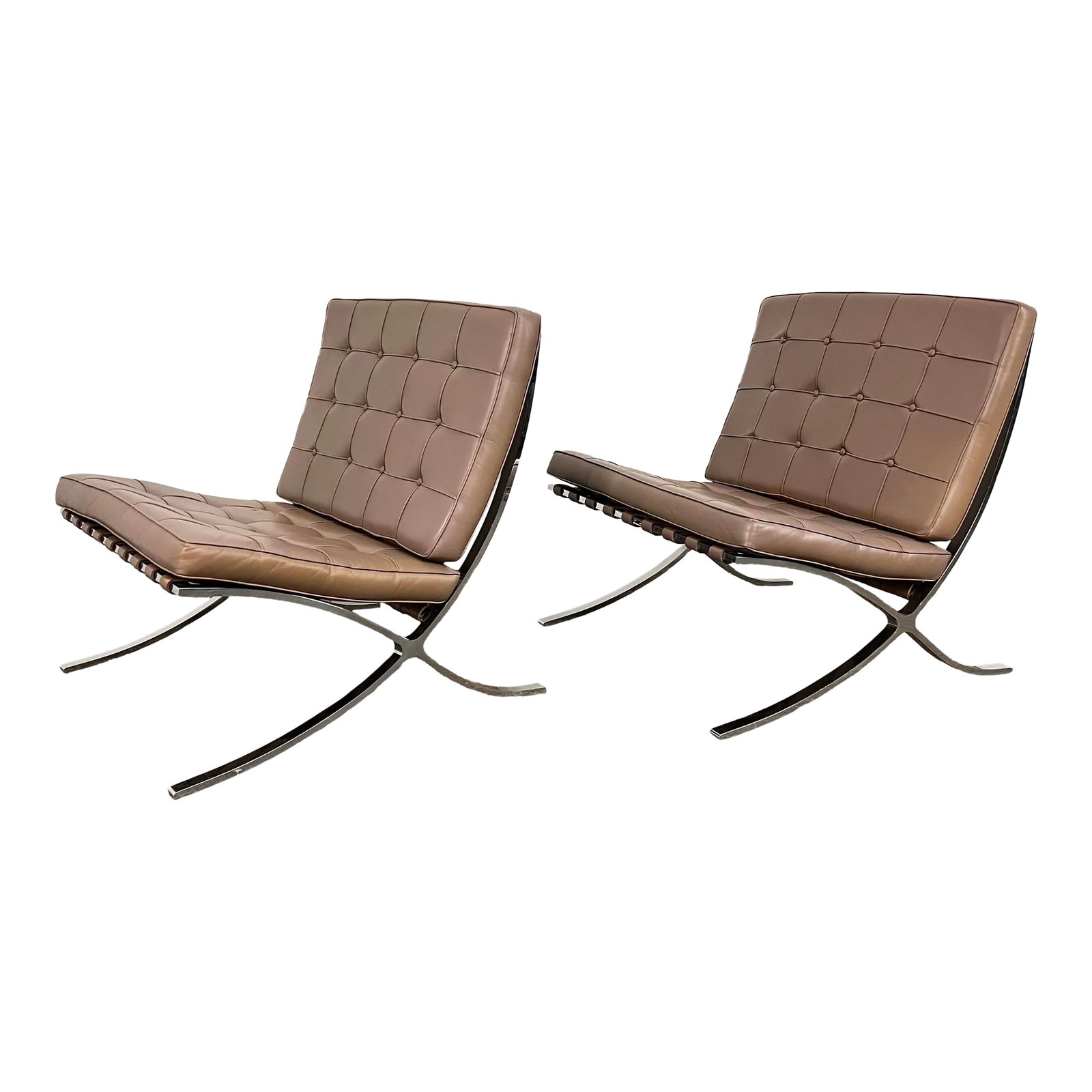 Pair of Leather Barcelona Lounge Chairs: Pair of Barcelona lounge chairs with chrome bases and mauve leather cushions/strapping. Condition: Alterations: Original Condition Unaltered Imperfections: Some Imperfections Condition Notes: These