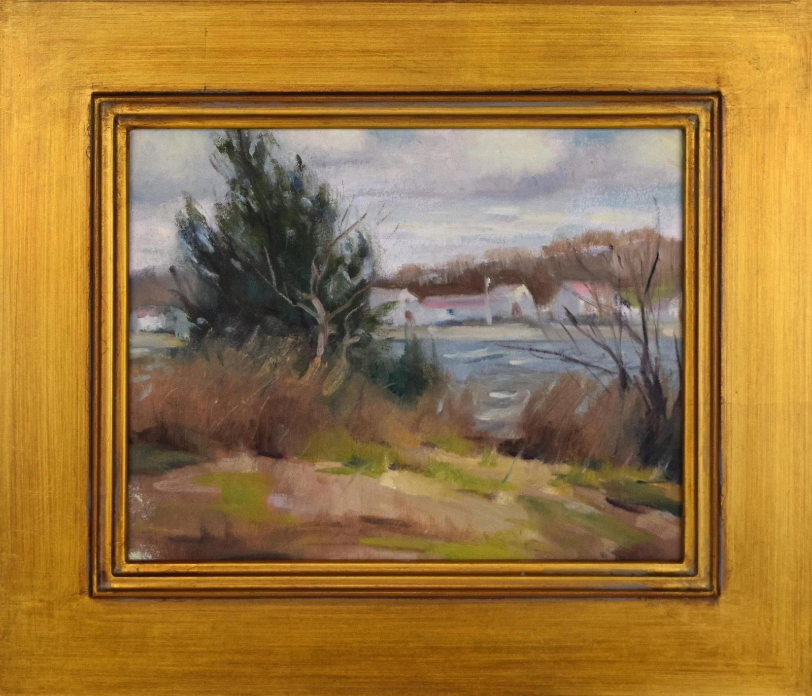 Vintage American Impressionist Lake Landscape Painting With Cabin by Harry Barton - 2