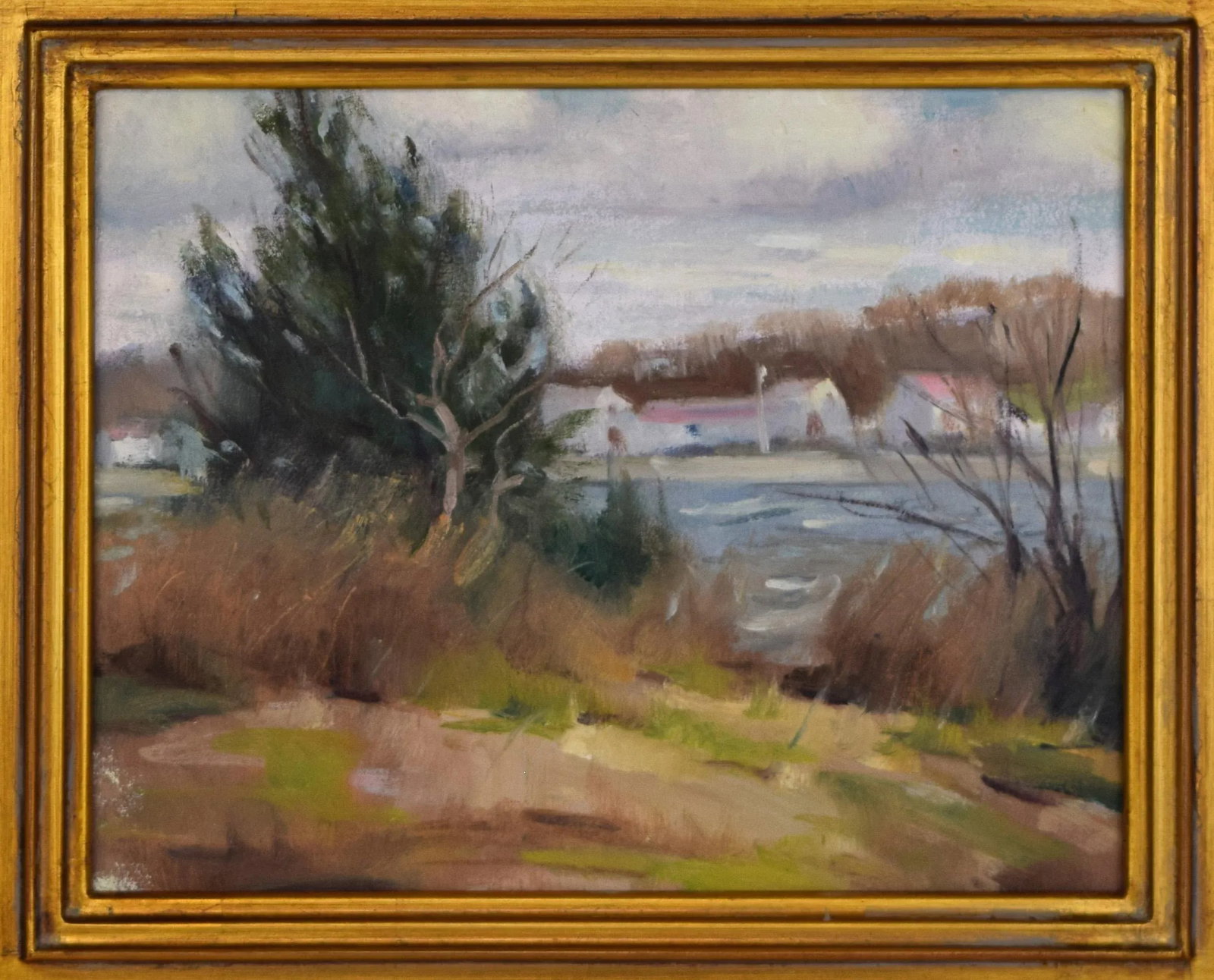 Vintage American Impressionist Lake Landscape Painting With Cabin by Harry Barton - 3