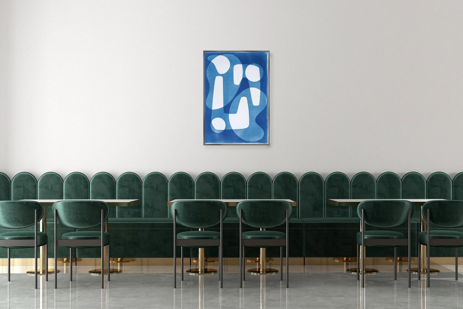 2024, Jestons Style Shapes in White and Blue, "Mid-Century Shapes Iii", Handmade Cyanotype on Waterc - 2