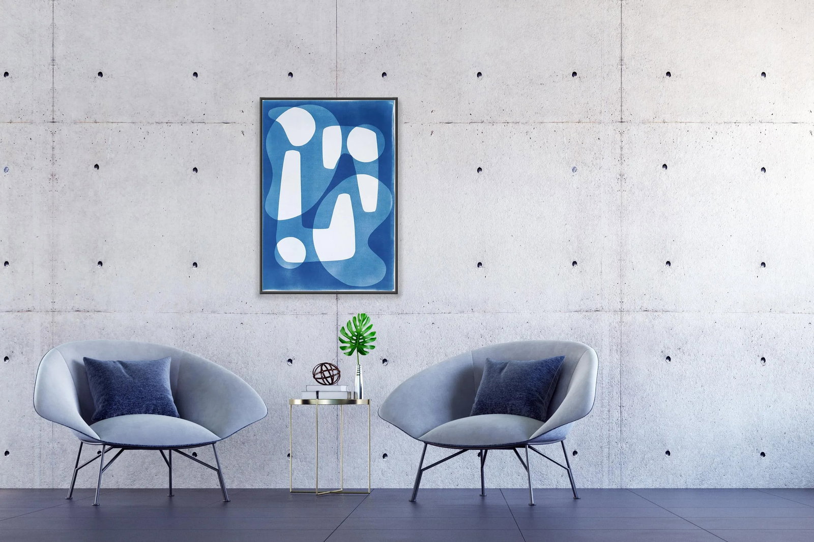 2024, Jestons Style Shapes in White and Blue, "Mid-Century Shapes Iii", Handmade Cyanotype on Waterc - 7