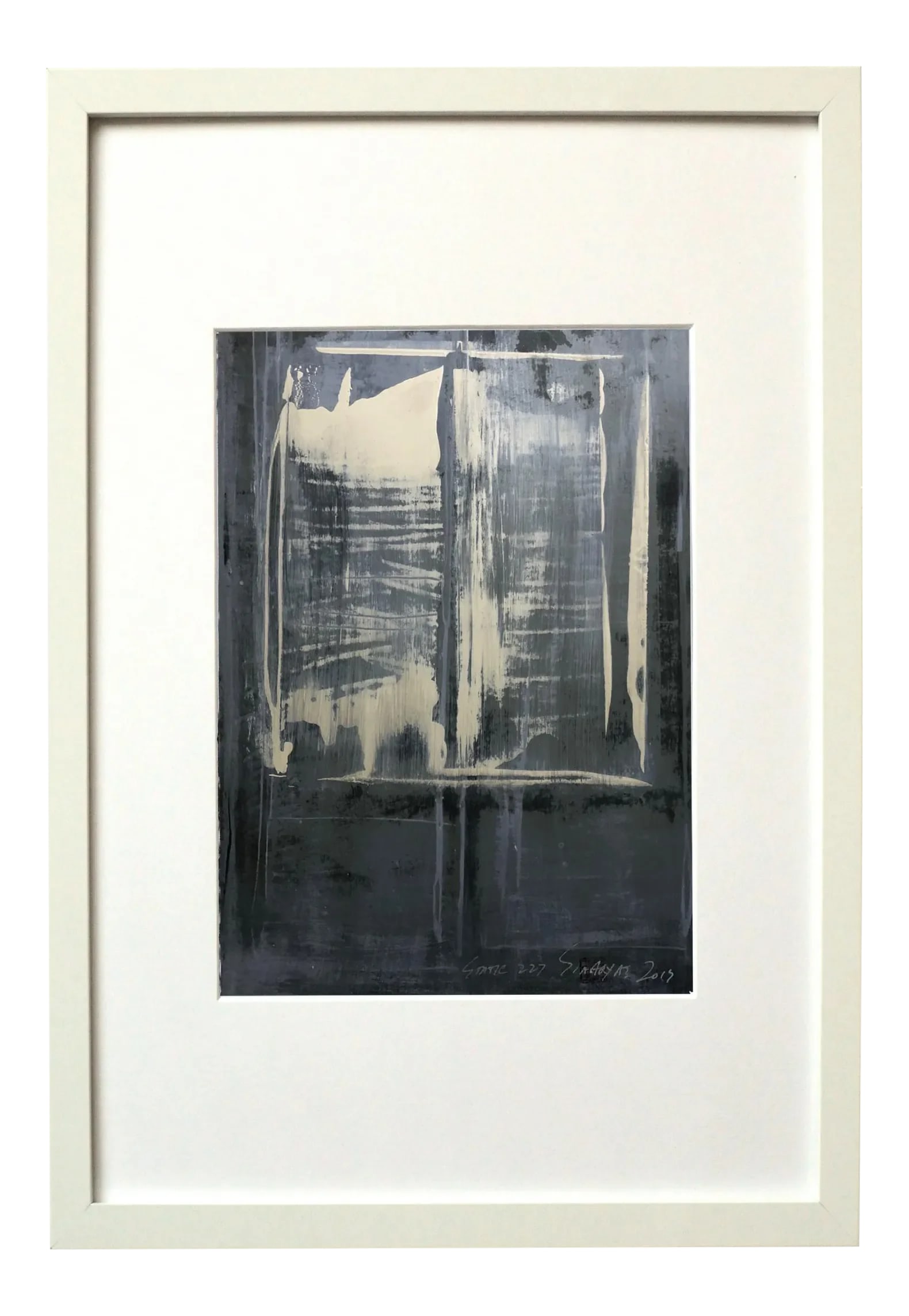 Static 227: Bold energetic shades of gray brushed across the palest beige background. This lively original painting on heavy stock brings a pop of life to any room. See the others in the series to create a