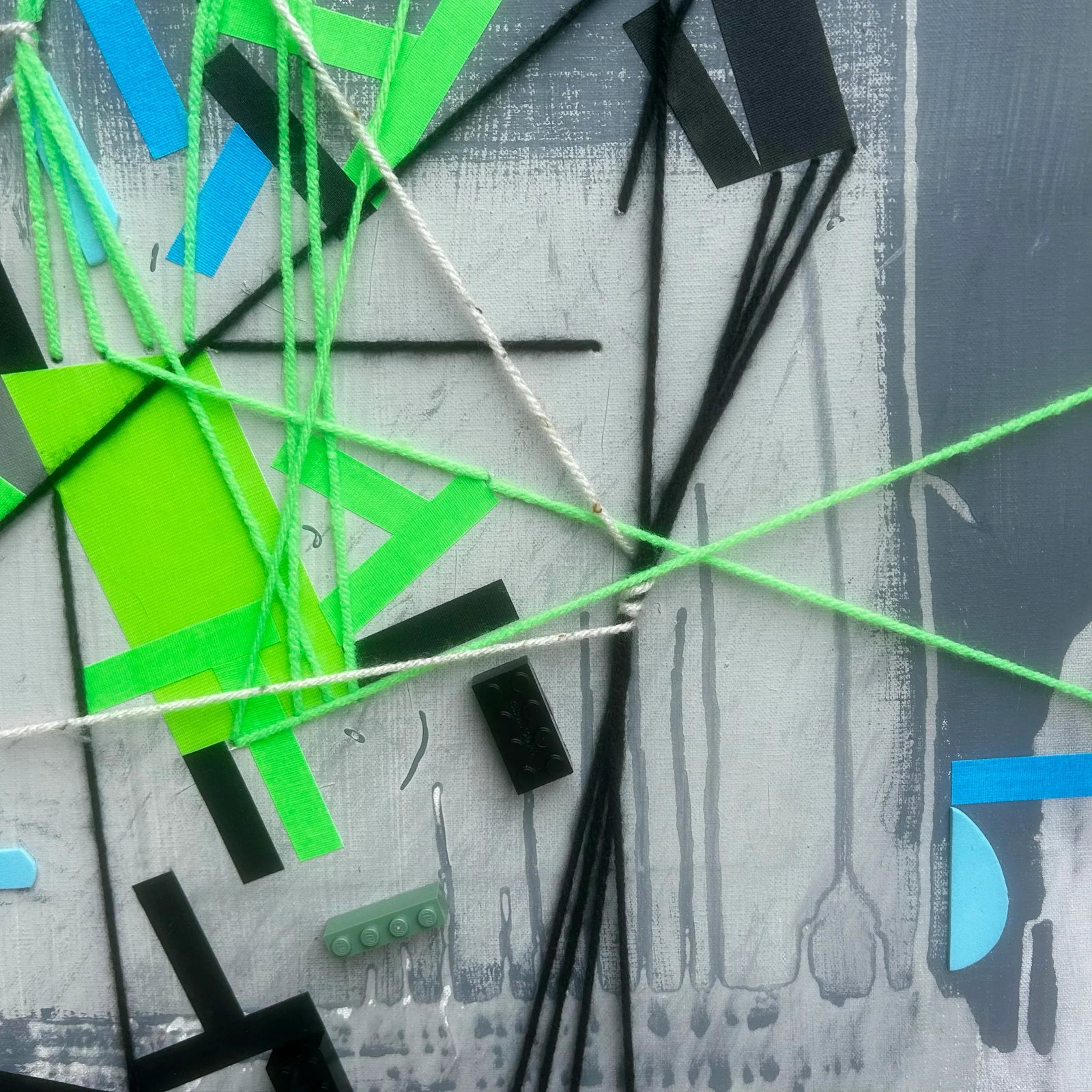 Contemporary Abstract Acrylic, Color Tape, Yarn, and Lego Brick on Canvas Painting â€ - 5
