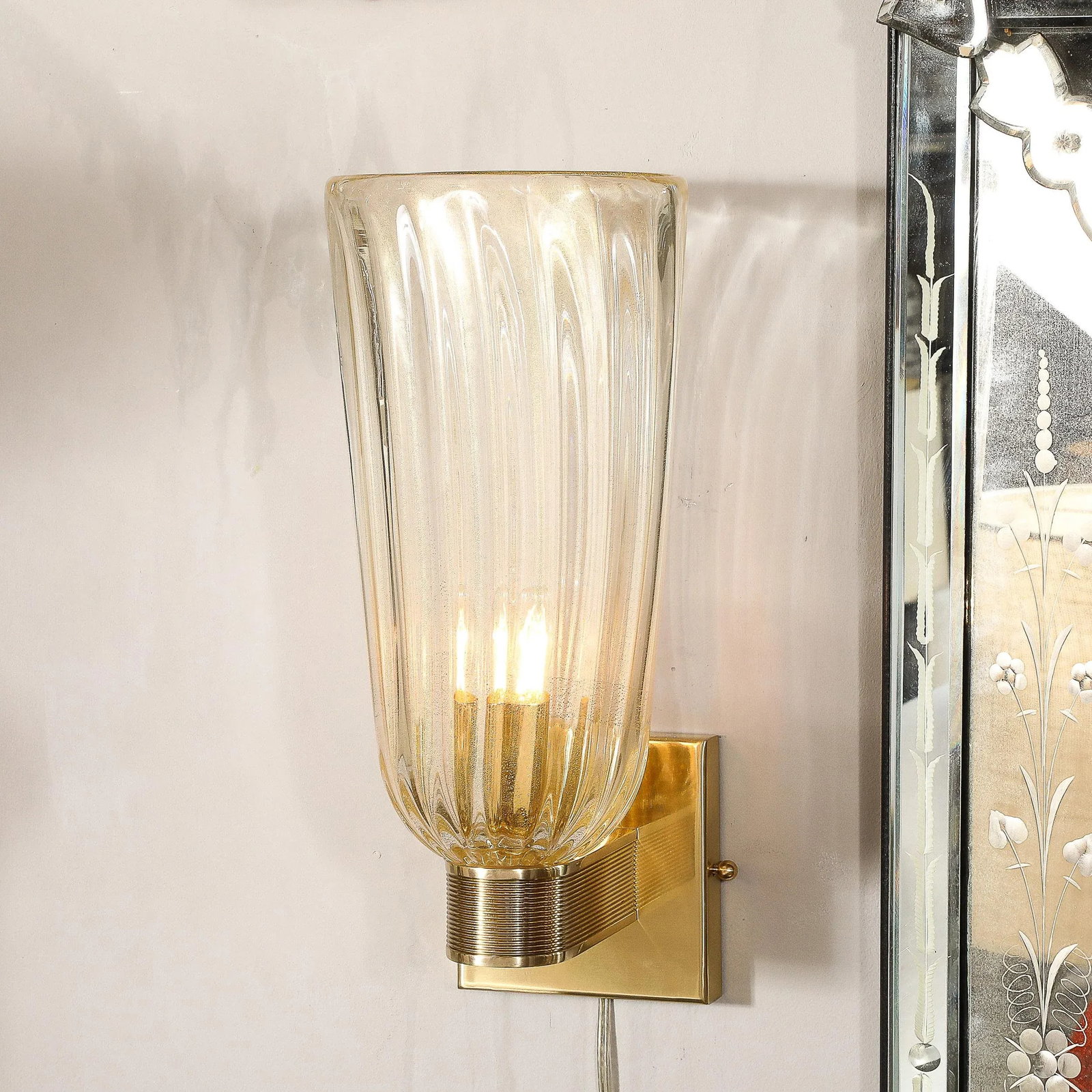 Pair of Modernist Hand-Blown Murano Fluted Glass Sconces W/ 24kt Gold Flecks - 3