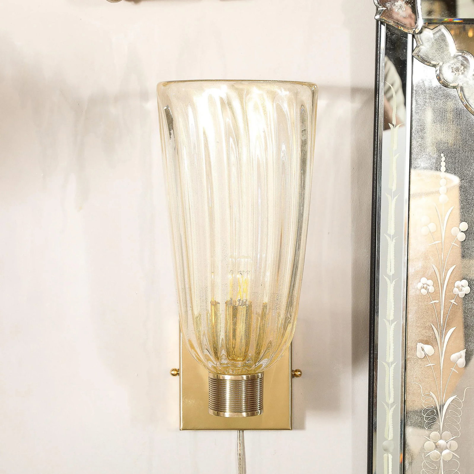Pair of Modernist Hand-Blown Murano Fluted Glass Sconces W/ 24kt Gold Flecks - 4