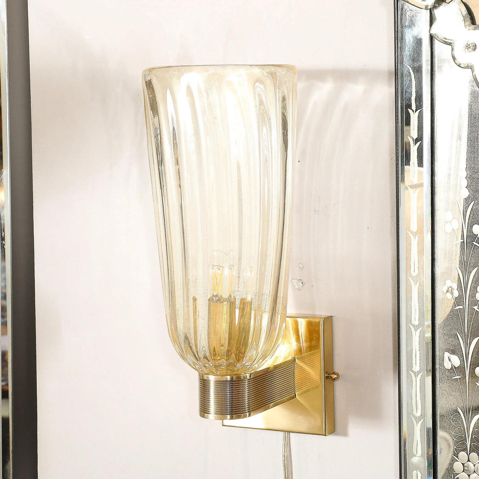Pair of Modernist Hand-Blown Murano Fluted Glass Sconces W/ 24kt Gold Flecks - 5
