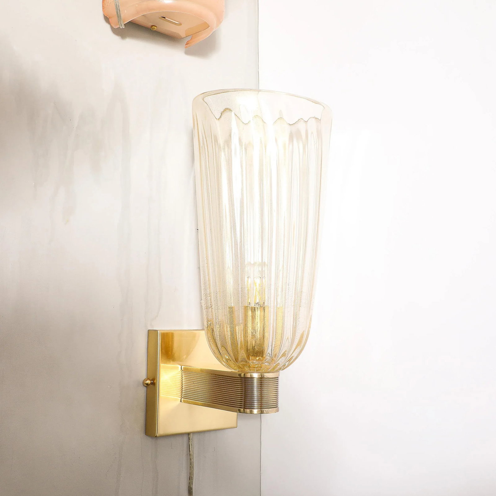 Pair of Modernist Hand-Blown Murano Fluted Glass Sconces W/ 24kt Gold Flecks - 7