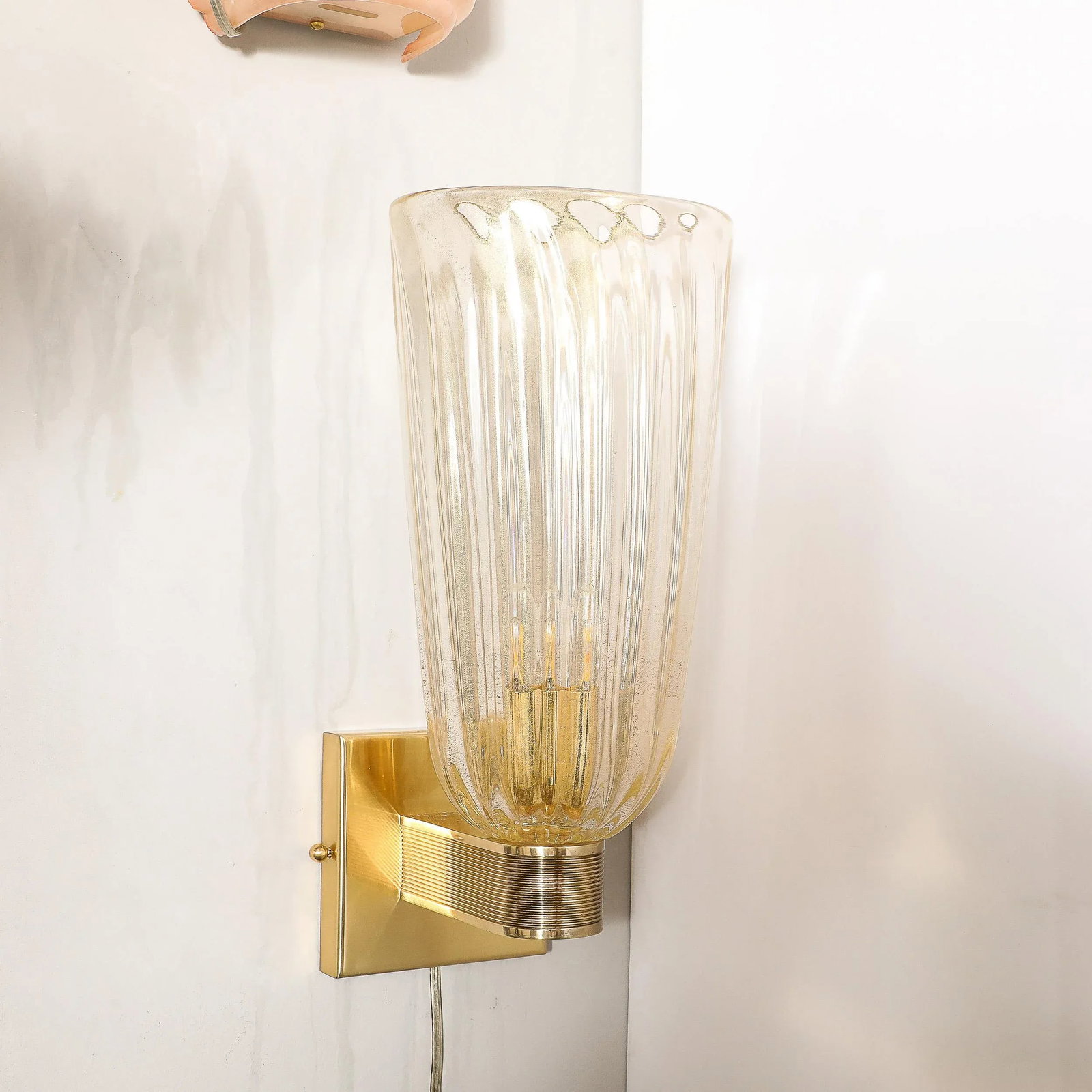Pair of Modernist Hand-Blown Murano Fluted Glass Sconces W/ 24kt Gold Flecks - 8