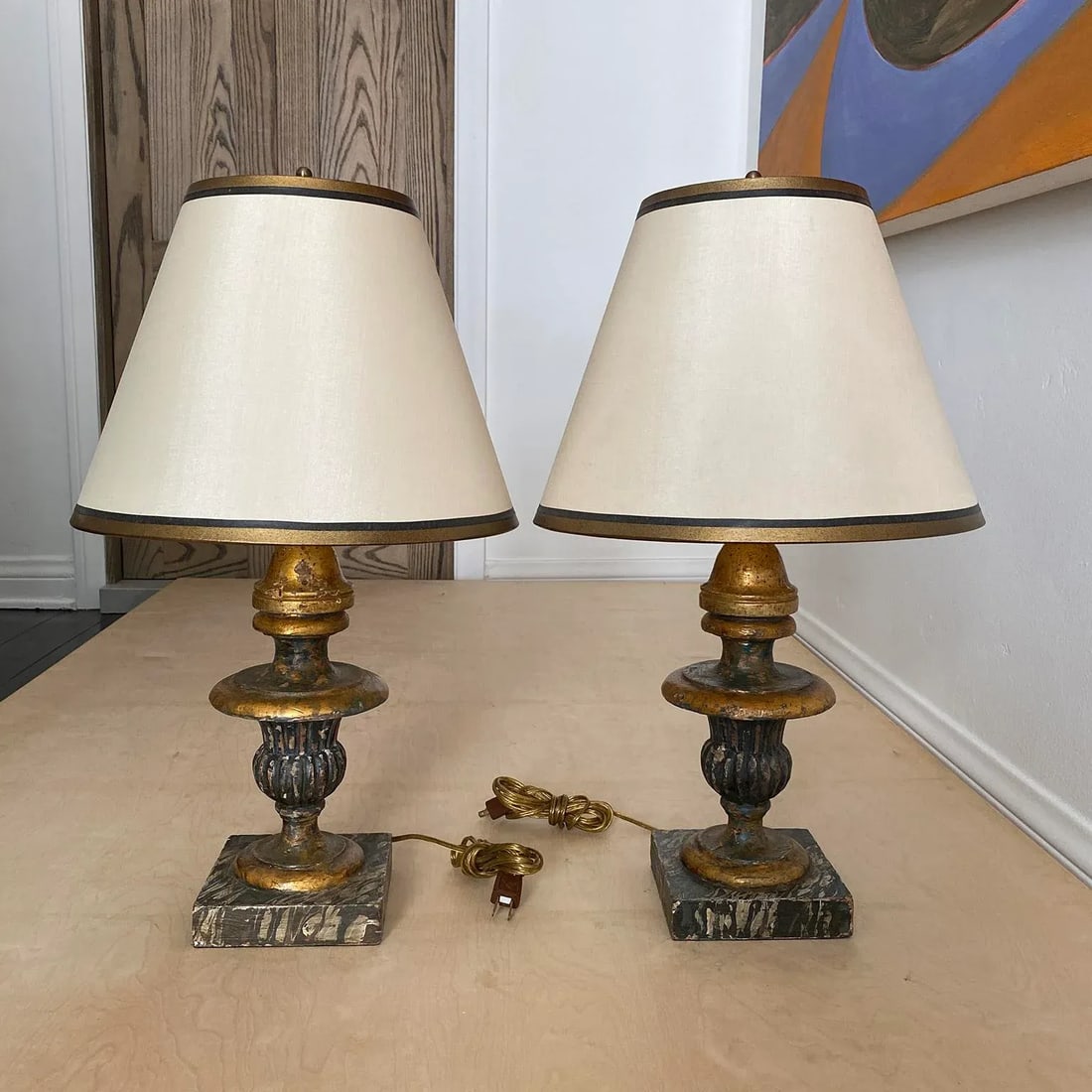 Pair of Late 19th Century Italian Gilt Wood Table Lamps - 2