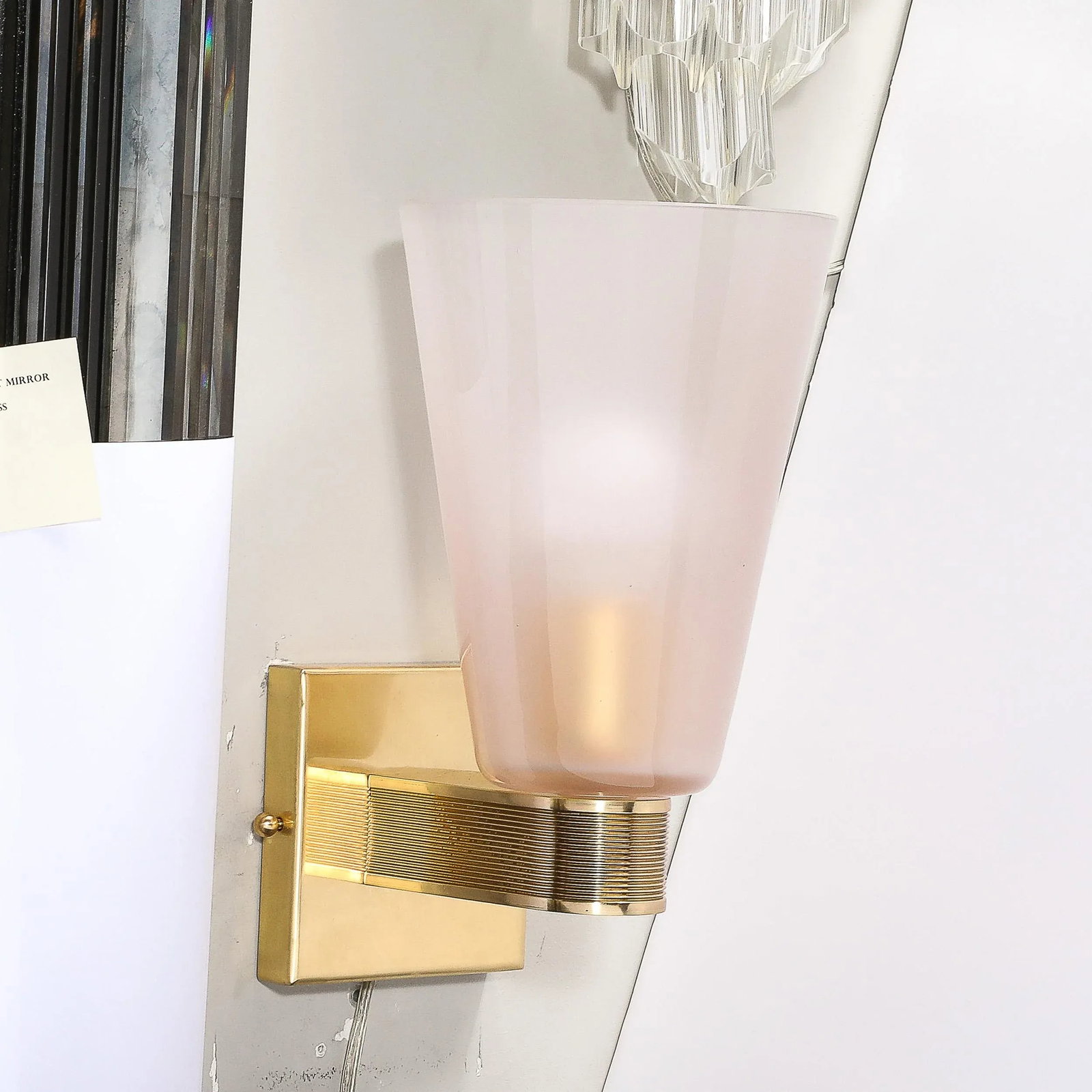 Pair of Modernist Hand-Blown Murano Smoked Pink Glass W/ Reeded Brass Sconces - 7