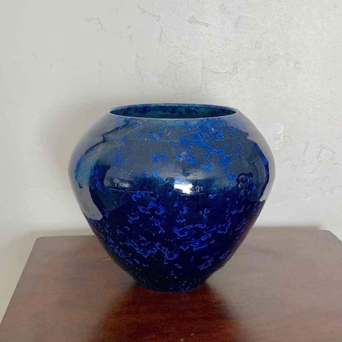 Round Studio Pottery Vase With Two Tone Vivid Blue Glaze, Artist Stamped on the Bottom - 2