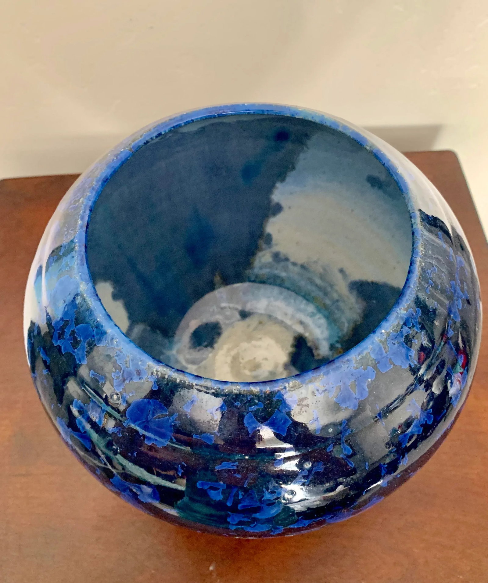 Round Studio Pottery Vase With Two Tone Vivid Blue Glaze, Artist Stamped on the Bottom - 3