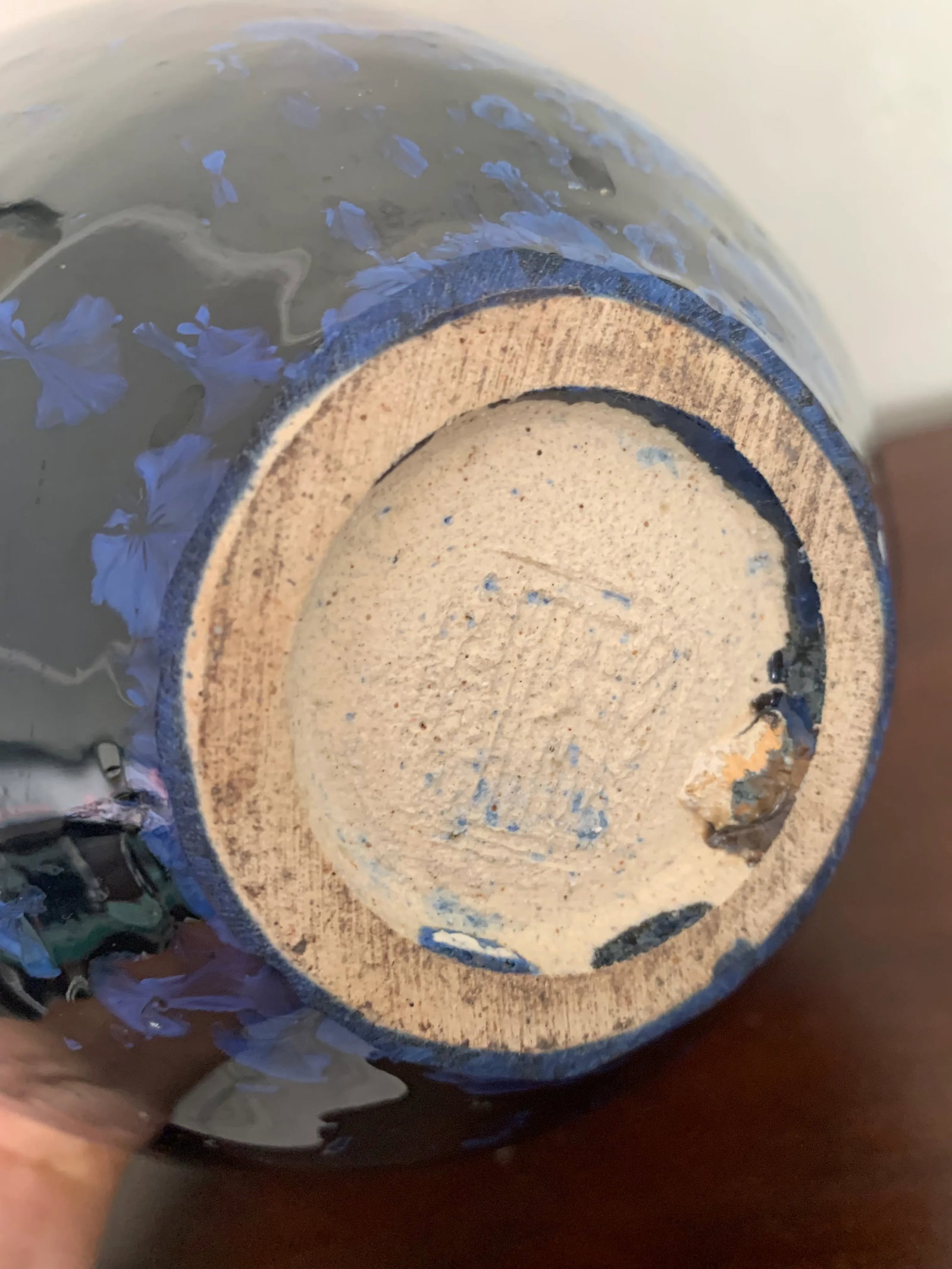 Round Studio Pottery Vase With Two Tone Vivid Blue Glaze, Artist Stamped on the Bottom - 4