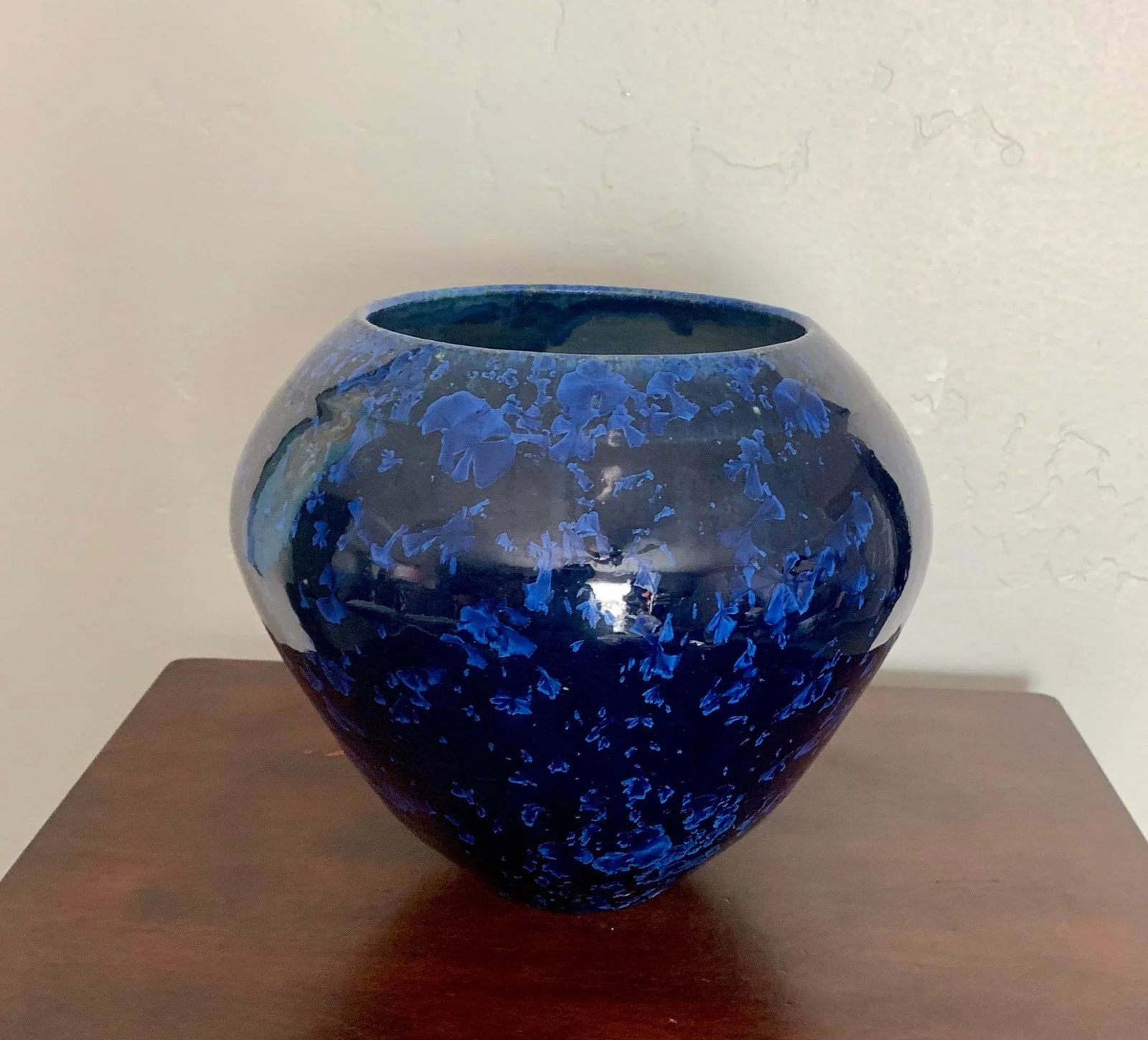 Round Studio Pottery Vase With Two Tone Vivid Blue Glaze, Artist Stamped on the Bottom - 5