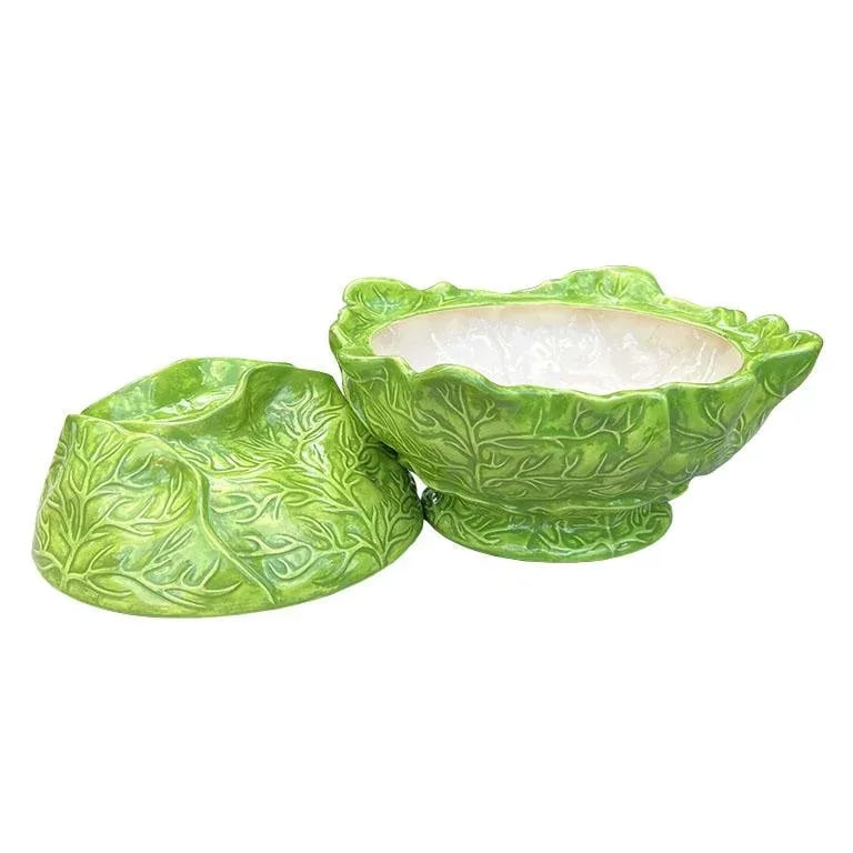 Large 1970s Hollywood Regency Green Ceramic Cabbage Ware Serving Bowl With Lid - 4