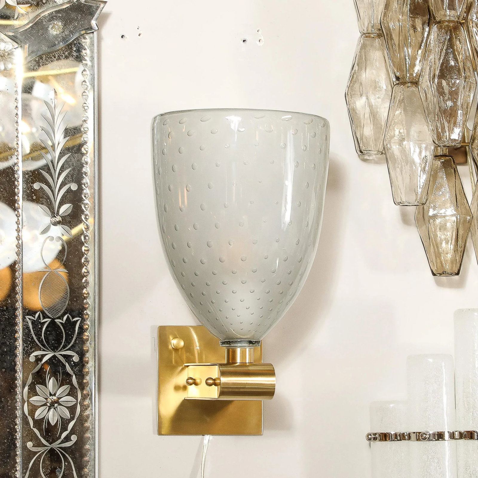 Modernist Brass Sconces With Hand Blown Murano Smoked Glass With Murines - 7
