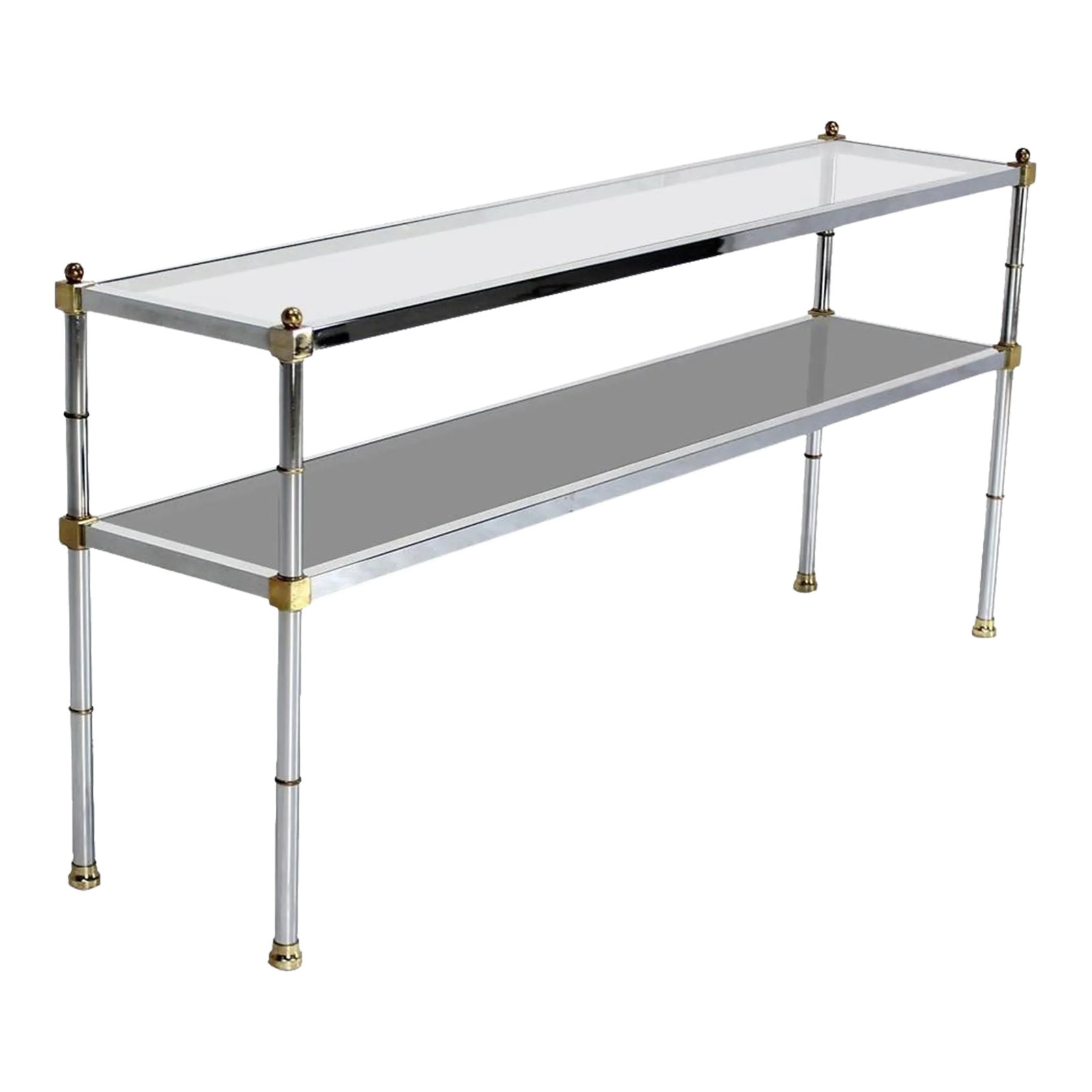 Chrome Brass and Glass Two Tier Console or Sofa Table Mid Century Modern: Chrome Brass and Glass Two Tier Console or Sofa Table Mid Century Modern Condition: Alterations: Unknown Imperfections: Some Imperfections Condition Notes: Good Light signs of gentle wear. Origin: