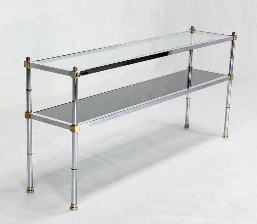 Chrome Brass and Glass Two Tier Console or Sofa Table Mid Century Modern - 3
