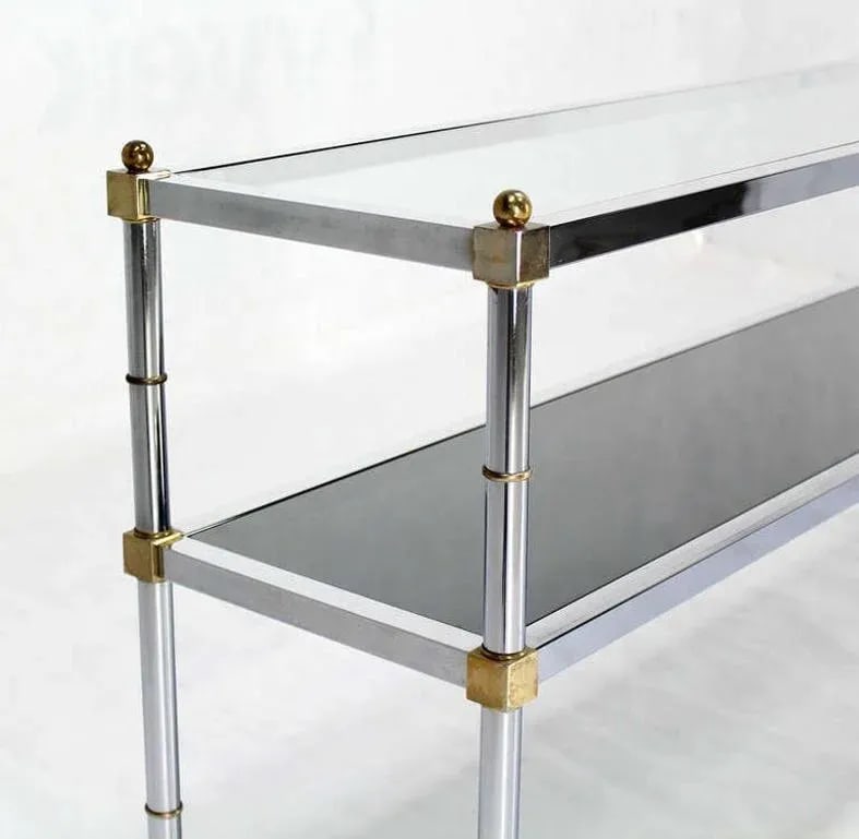 Chrome Brass and Glass Two Tier Console or Sofa Table Mid Century Modern - 5