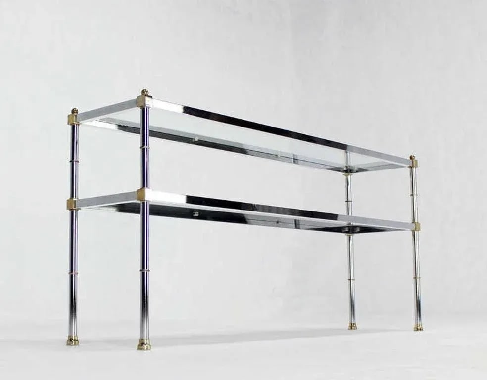 Chrome Brass and Glass Two Tier Console or Sofa Table Mid Century Modern - 8
