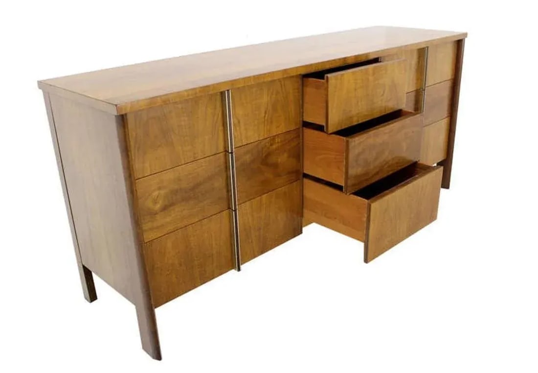 Mid Century Modern Burl Walnut John Widdicomb 9 Drawers Long Dresser Credenza - 3