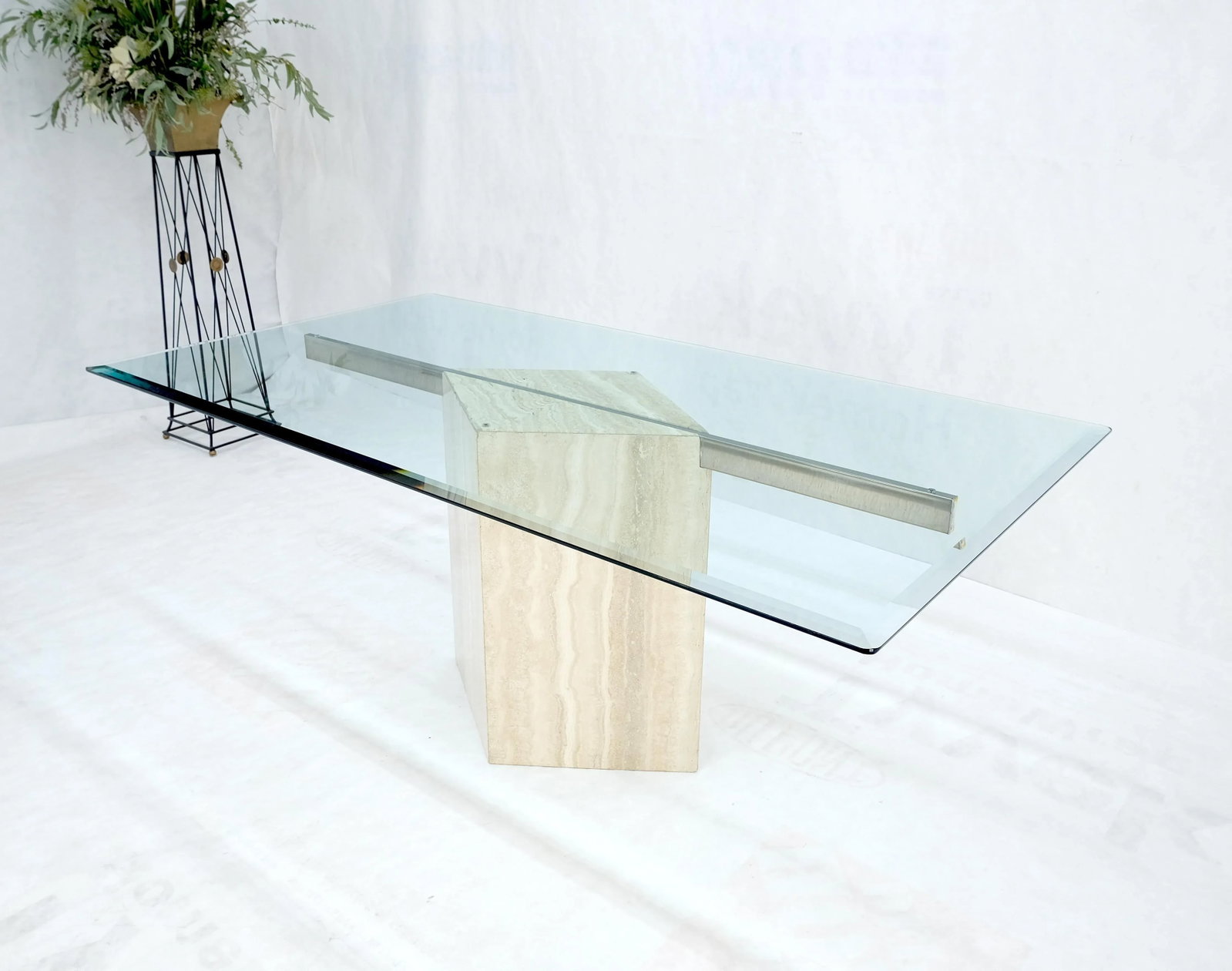 Single Marble Travertine Diamond Shape Glass Top Dining Conference Table - 10