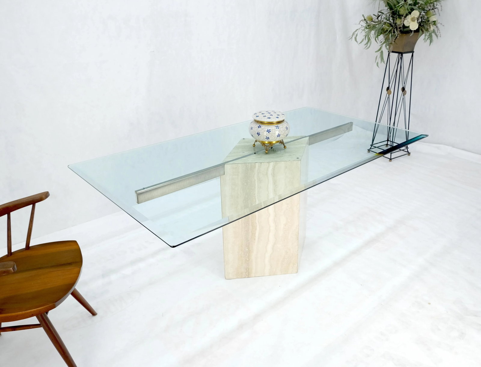 Single Marble Travertine Diamond Shape Glass Top Dining Conference Table - 3