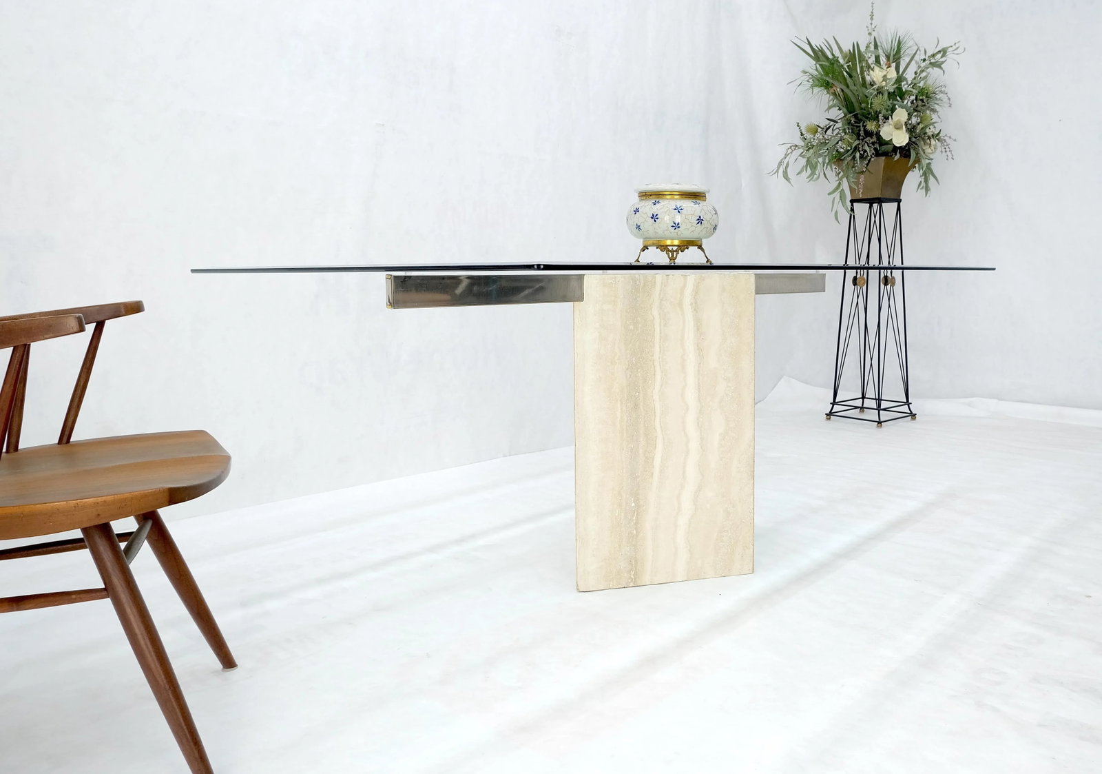 Single Marble Travertine Diamond Shape Glass Top Dining Conference Table - 4