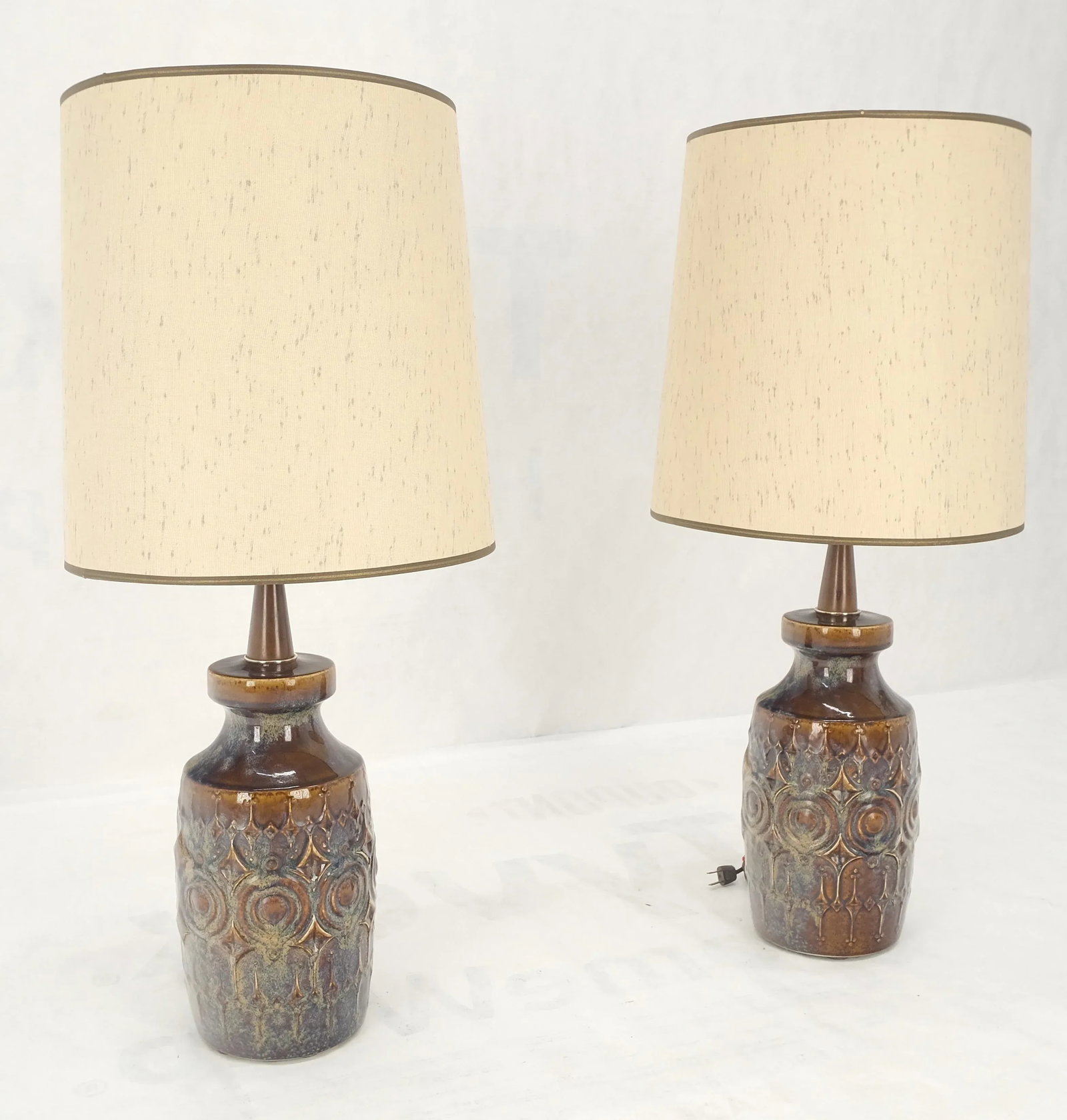 Brown Grey Blue Glazed Pottery Ceramic Vase Shape Table Lamp - A Pair - 11