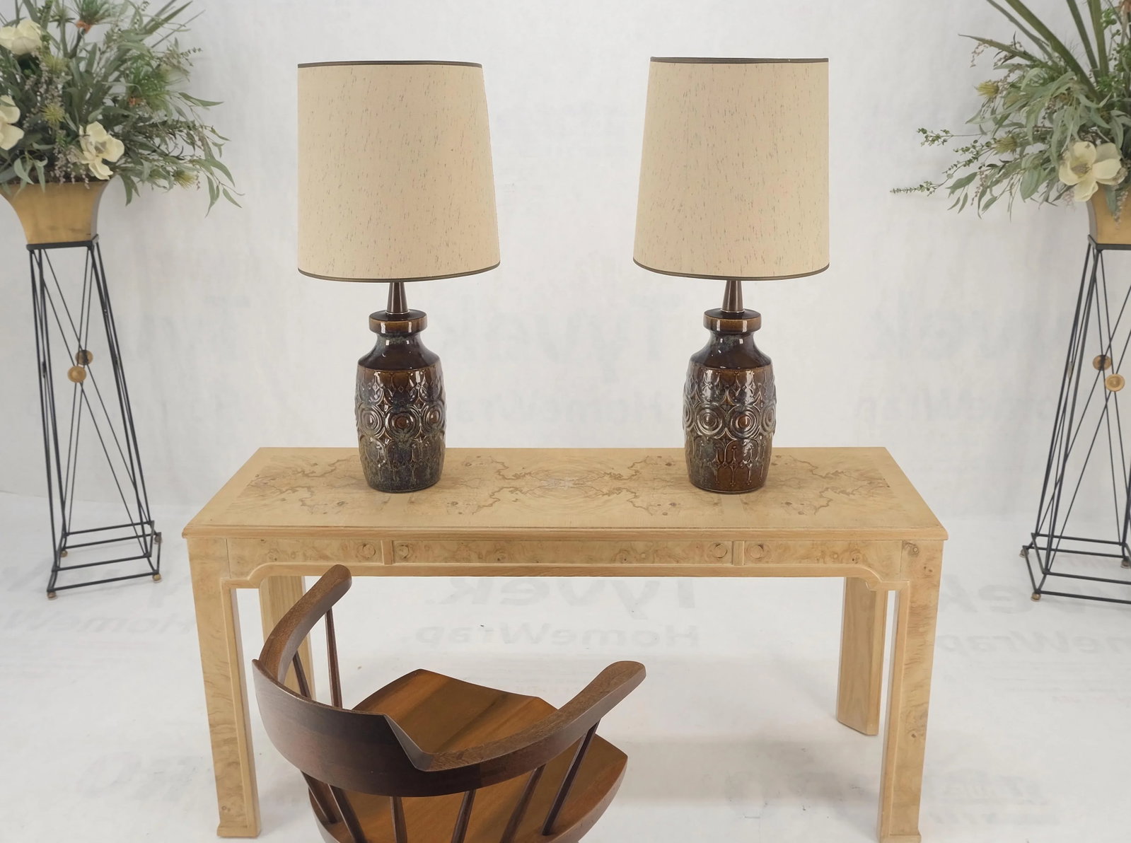 Brown Grey Blue Glazed Pottery Ceramic Vase Shape Table Lamp - A Pair - 12