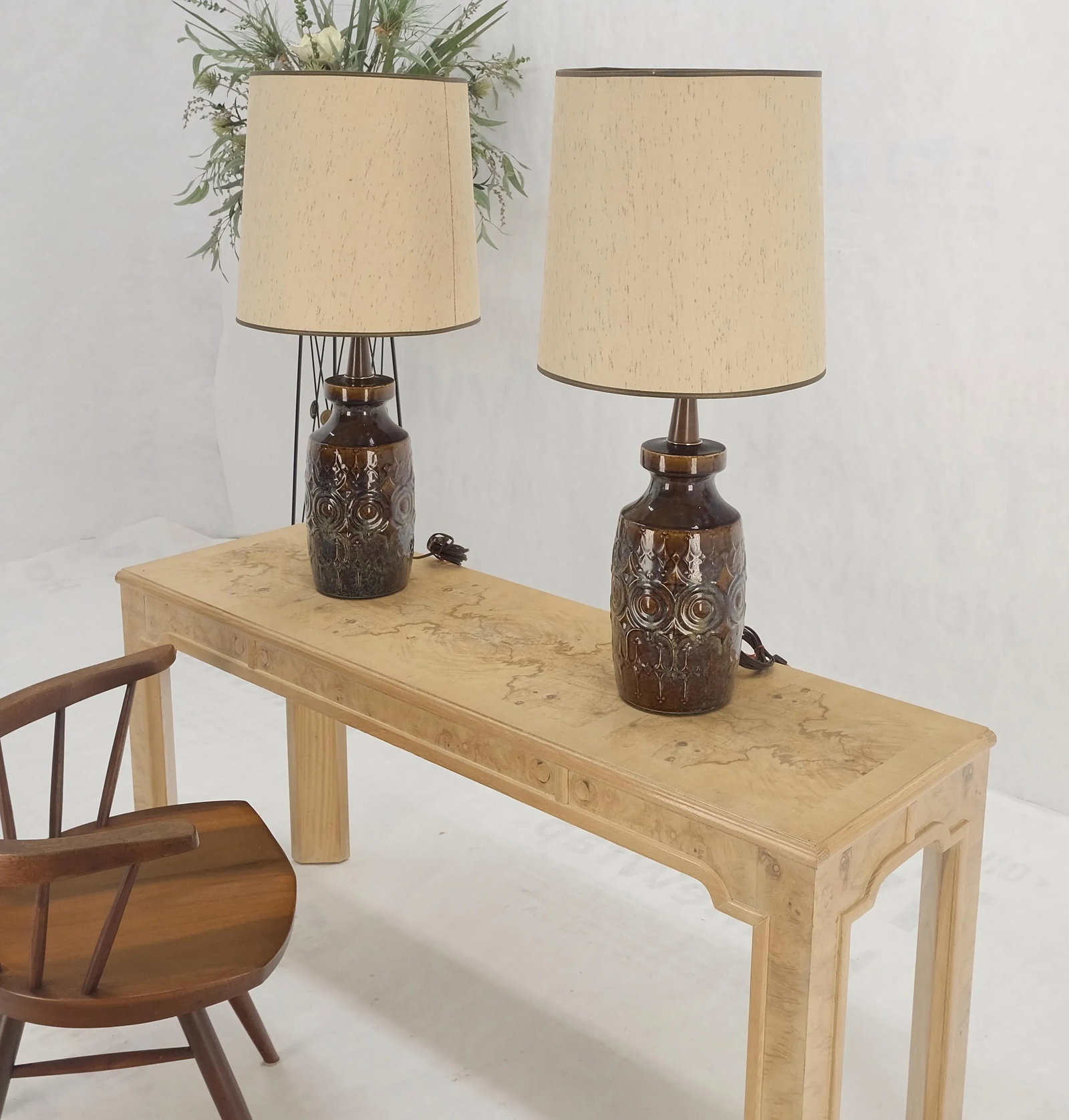 Brown Grey Blue Glazed Pottery Ceramic Vase Shape Table Lamp - A Pair - 3