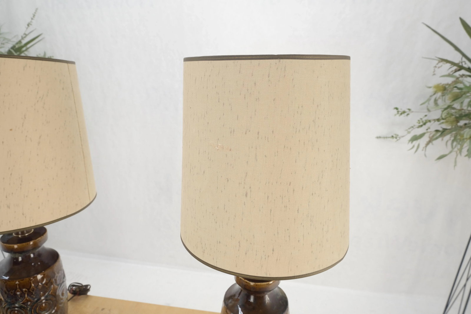 Brown Grey Blue Glazed Pottery Ceramic Vase Shape Table Lamp - A Pair - 4