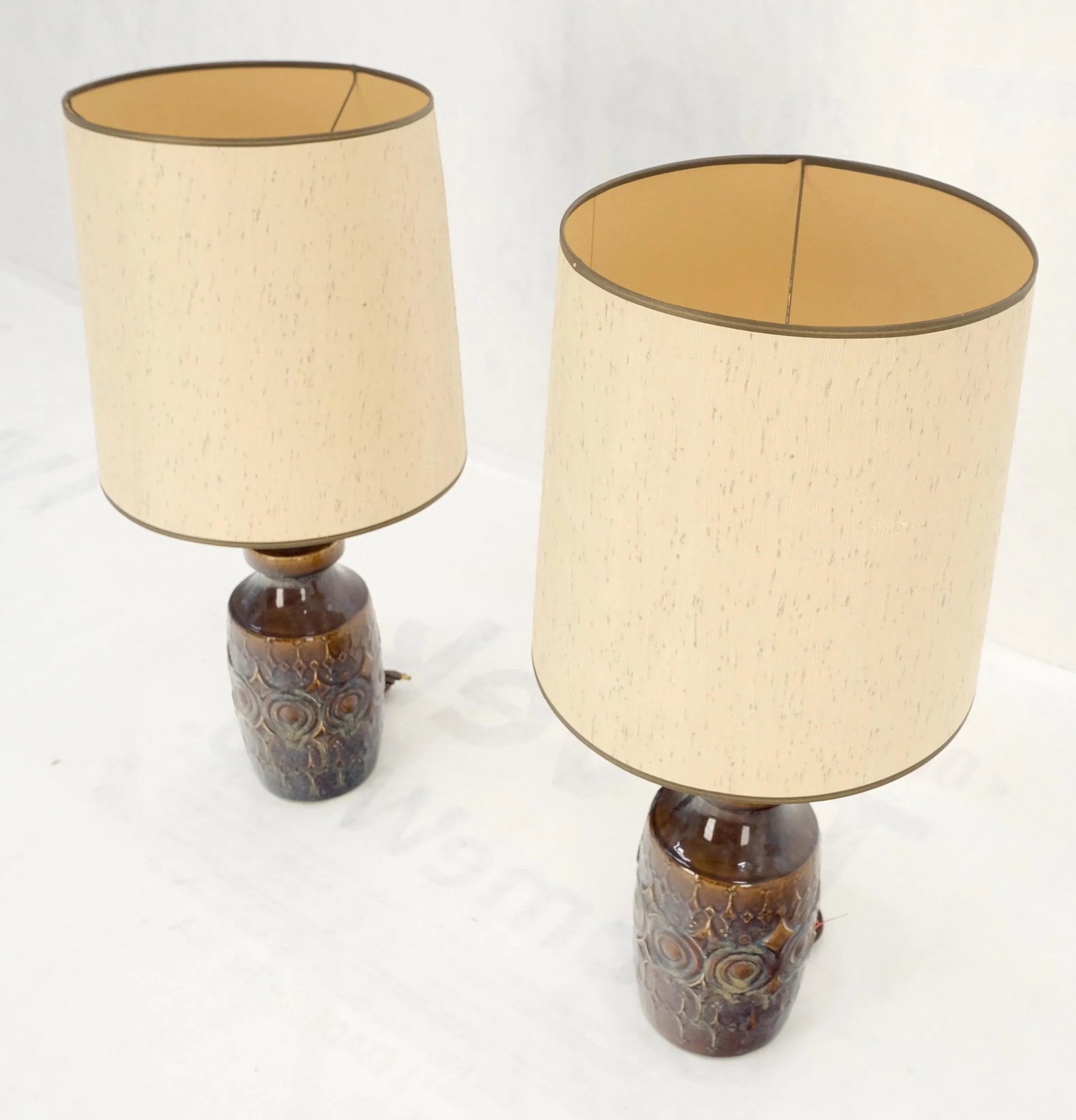 Brown Grey Blue Glazed Pottery Ceramic Vase Shape Table Lamp - A Pair - 9