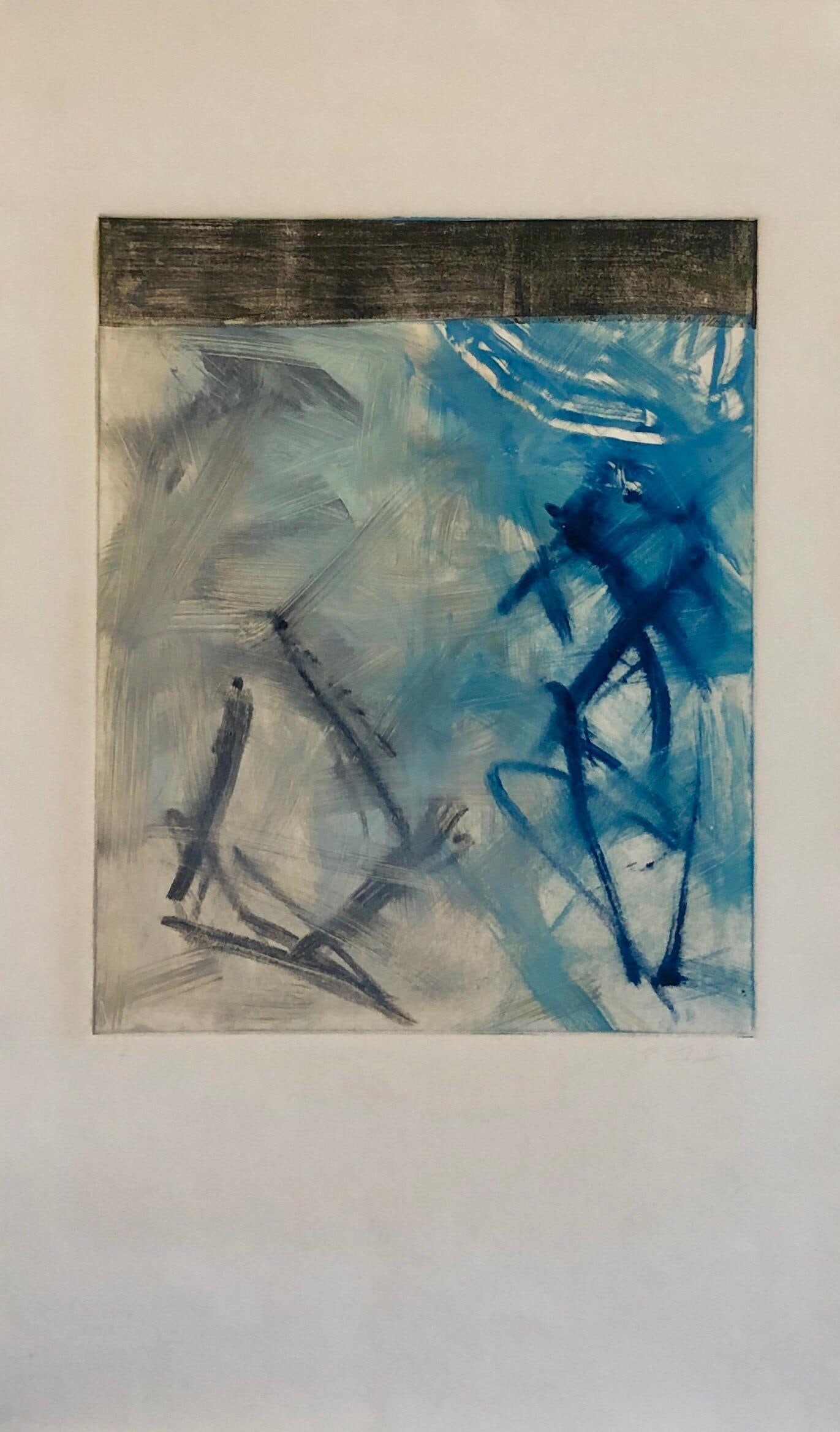 Pierre Obando, Abstract Expressionist Modernist Blue Grey Monoprint Monotype Painting Print, 1997 - 2