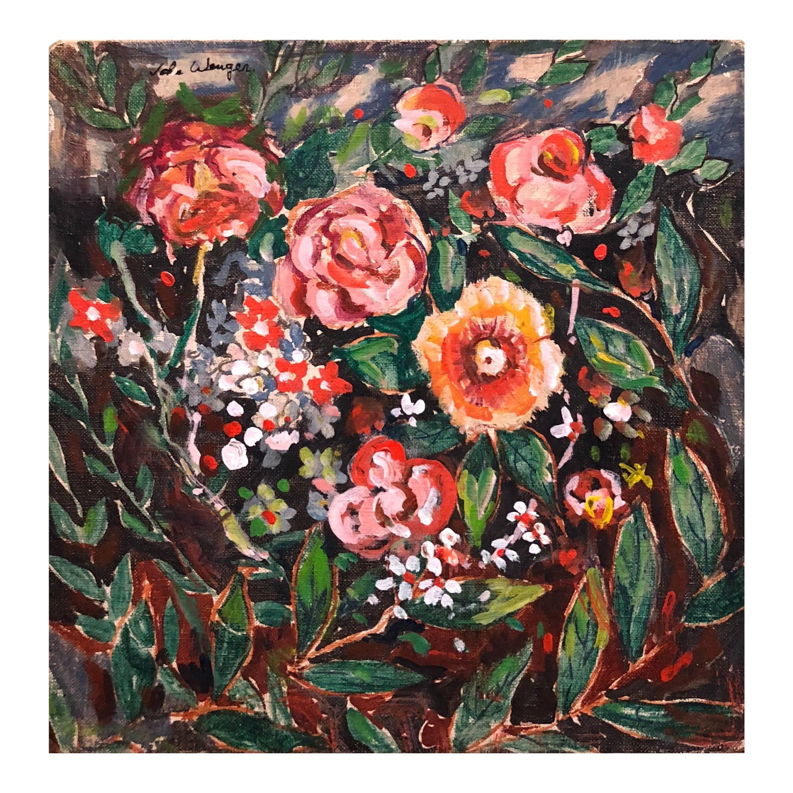 John Wenger, Wild Flowers Vibrant Colorful Modernist Oil Painting: John Wenger (1887-1976) celebrated easel painter and stage set designer whose career included 25 solo shows in the USA, Canada, and Europe. He created set designs for such plays as "Ile",