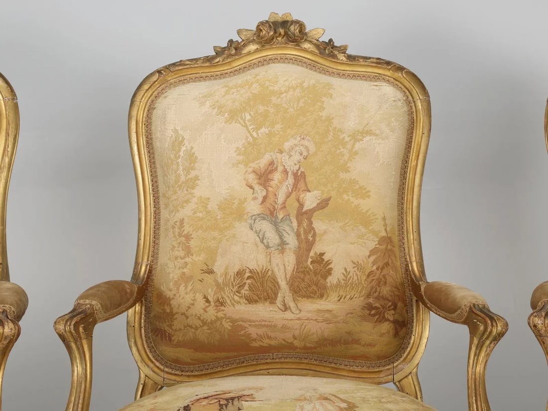 Antique French Louis XV Style Arm Chairs in Original Fabric and Gilt Frames - 2