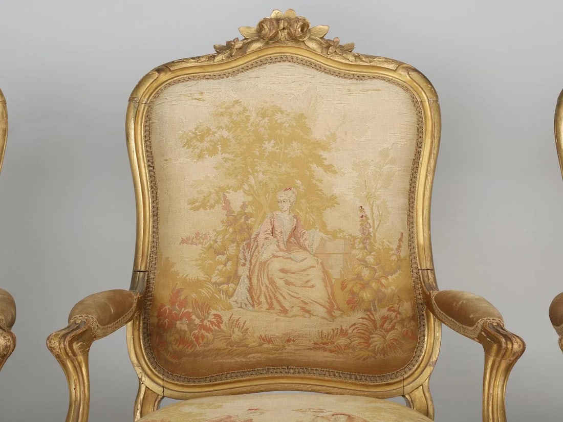 Antique French Louis XV Style Arm Chairs in Original Fabric and Gilt Frames - 3