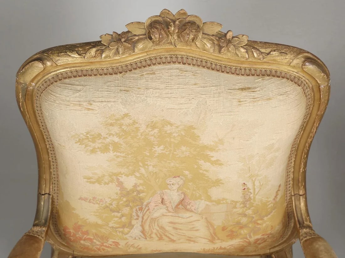 Antique French Louis XV Style Arm Chairs in Original Fabric and Gilt Frames - 4