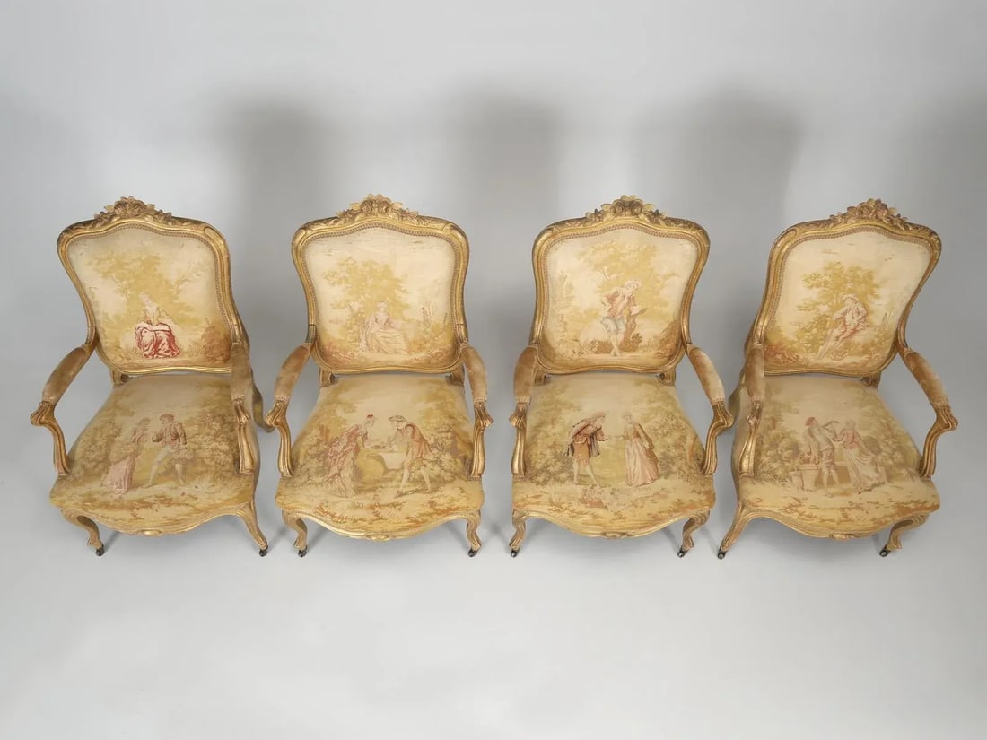 Antique French Louis XV Style Arm Chairs in Original Fabric and Gilt Frames - 7