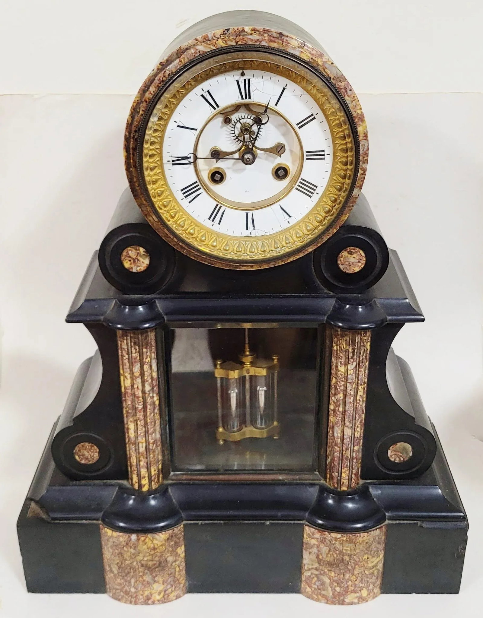 3 Piece French Napoleon III Marble Clock Set Mercury Pendulum - 3