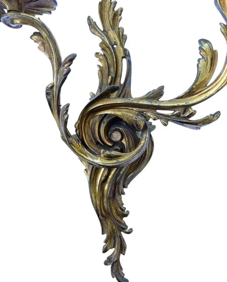 Large Pair of Antique 19th Century Louis XV Style French Gilt Bronze Two Arm Wall Sconces - 2