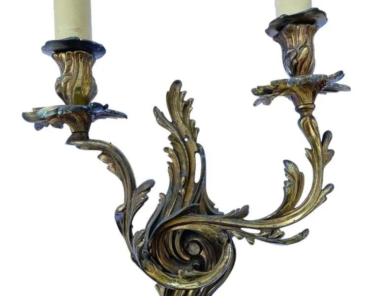Large Pair of Antique 19th Century Louis XV Style French Gilt Bronze Two Arm Wall Sconces - 3